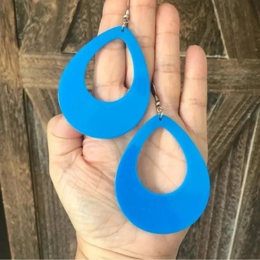 Cobalt Blue Really Huge Acrylic Hollow Teardrop Hoop Earrings NWT